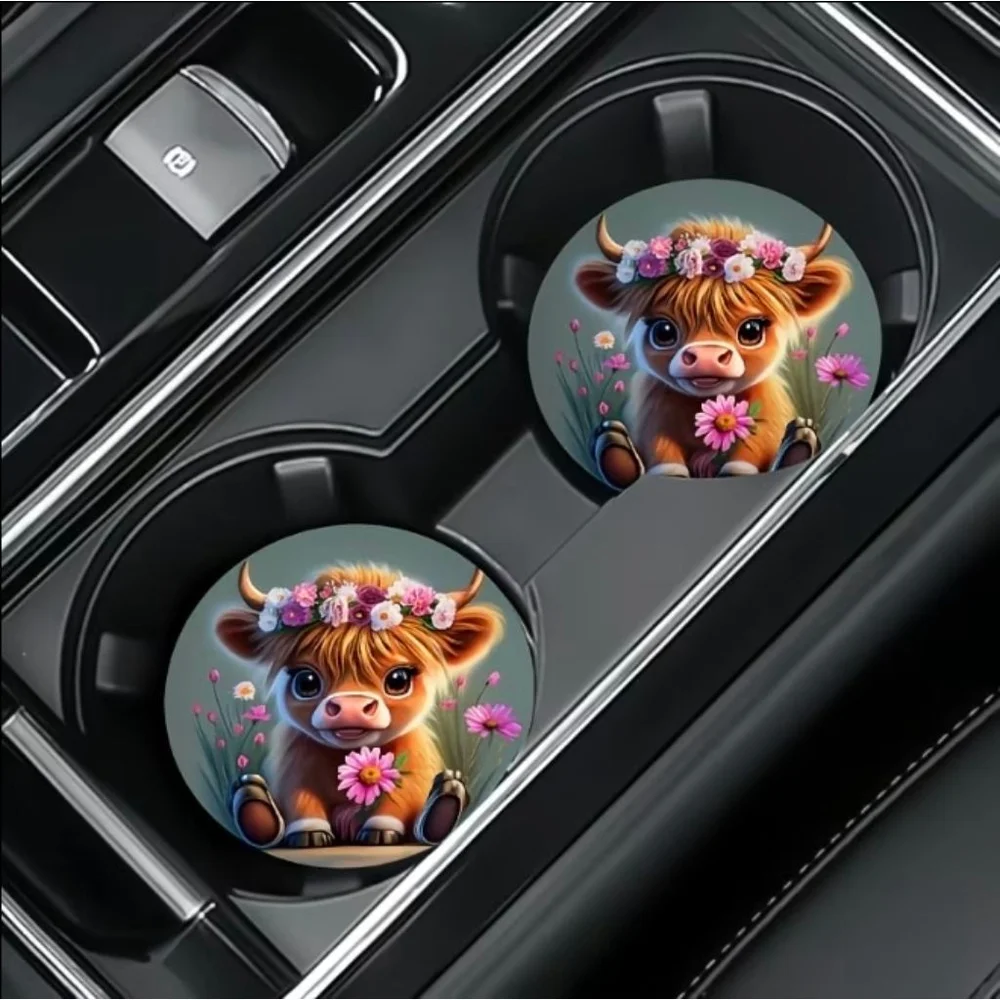 Car Coasters with Cute Highland Cow Design, One Size, Brown/Green